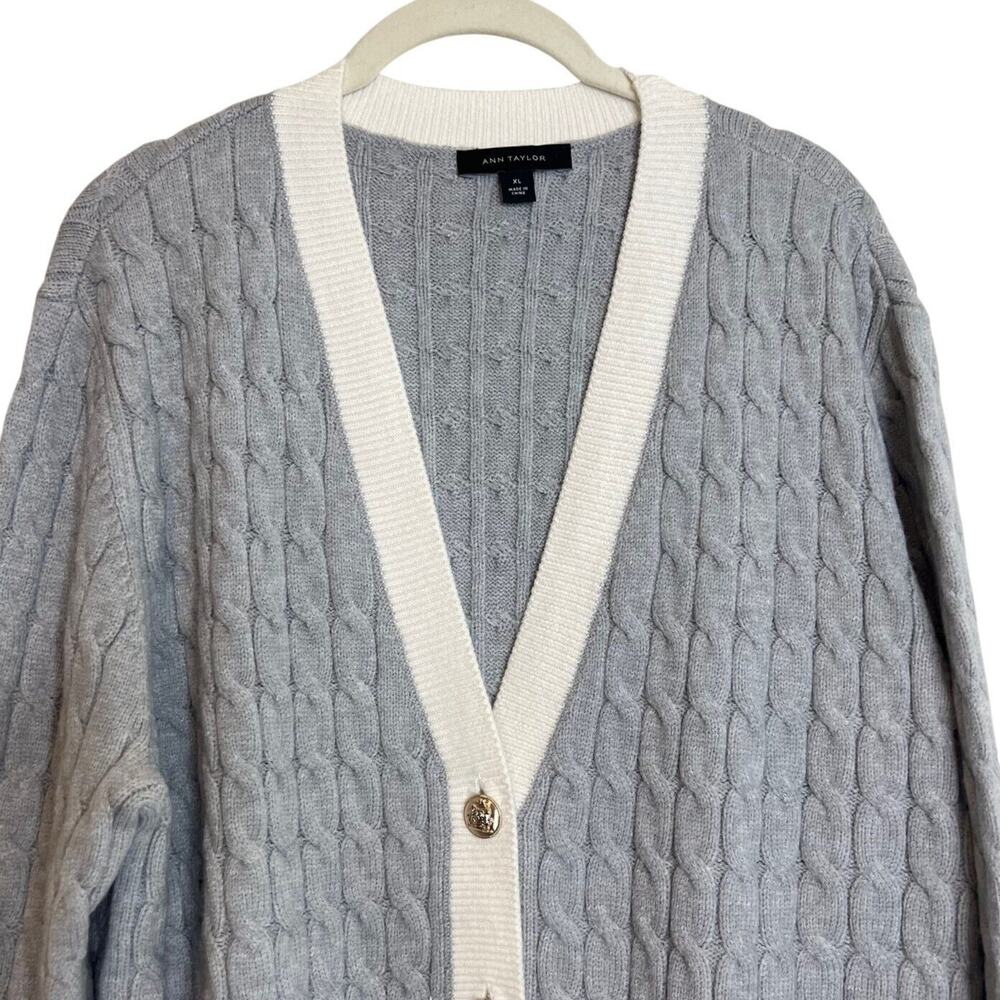 Ann Taylor Womens Cable Contrast Trim Boyfriend Cardigan Size XL Gray White - Picture 4 of 9